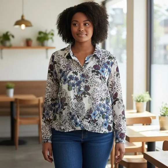 CAbi Blue and Purple Floral Shirt Size XL - Picture 1 of 11